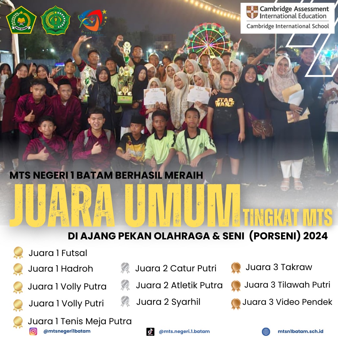 MTsN 1 Batam Juara Umum Tingkat MTs PORSENI 2024