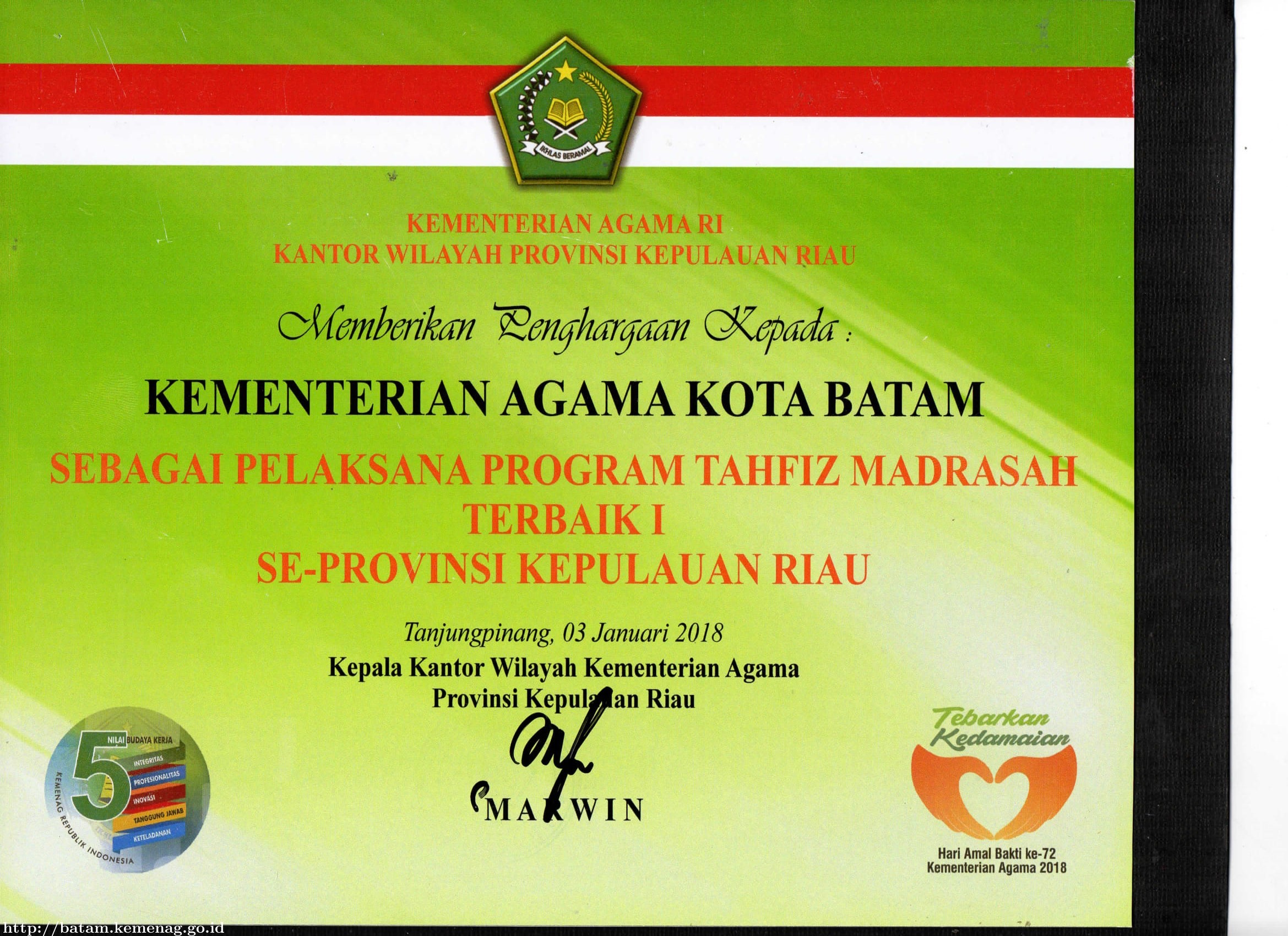 Piagam Penghargaan Pelaksana Program Tahfiz Madrasah 