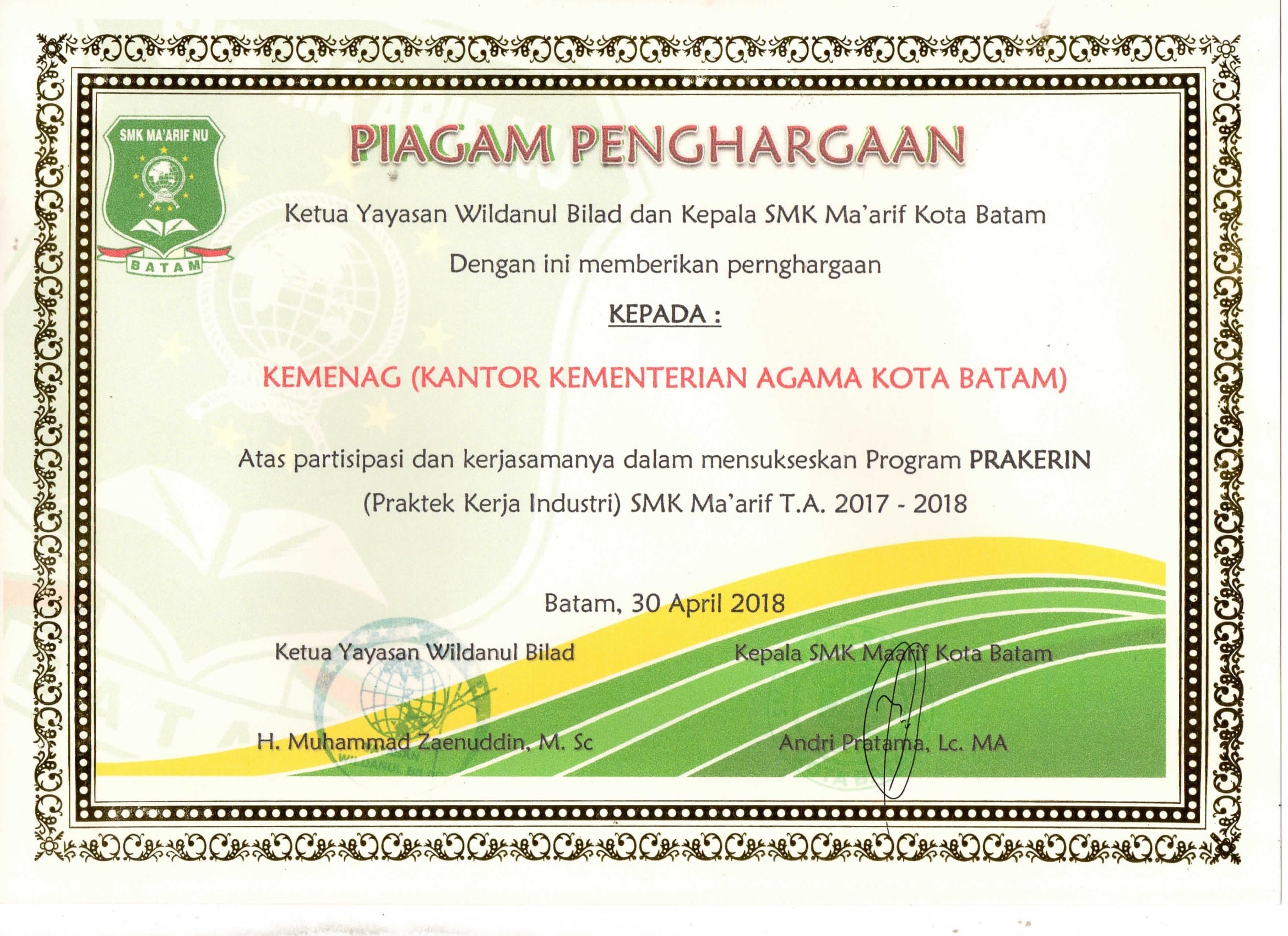 Piagam Penghargaan Program Prakerin (Praktek Kerja Industri) 